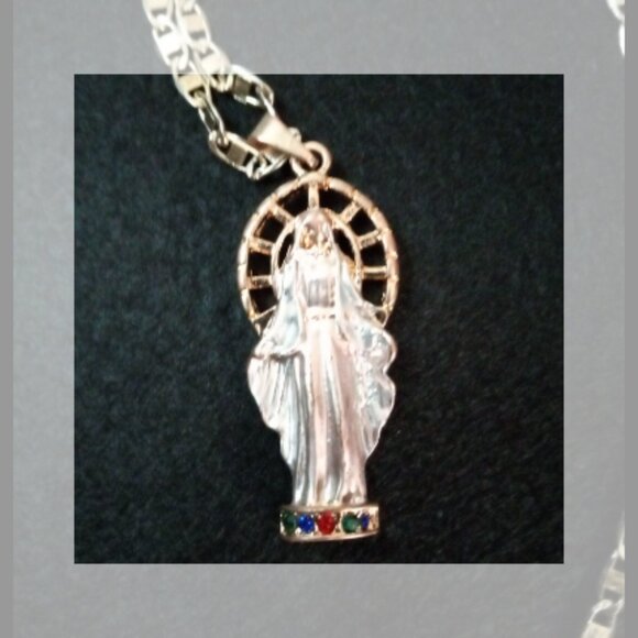 Tri Color Mix Our Lady Of Guadalupe w/ Mix Colored  Stones at her feet necklace - Picture 5 of 8